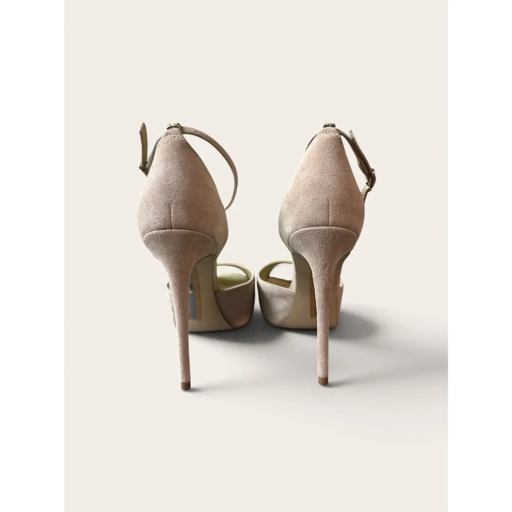 Sam Edelman Oatmeal Suede Peep Toe Platform Ankle Strap Stiletto Heels 6.5
